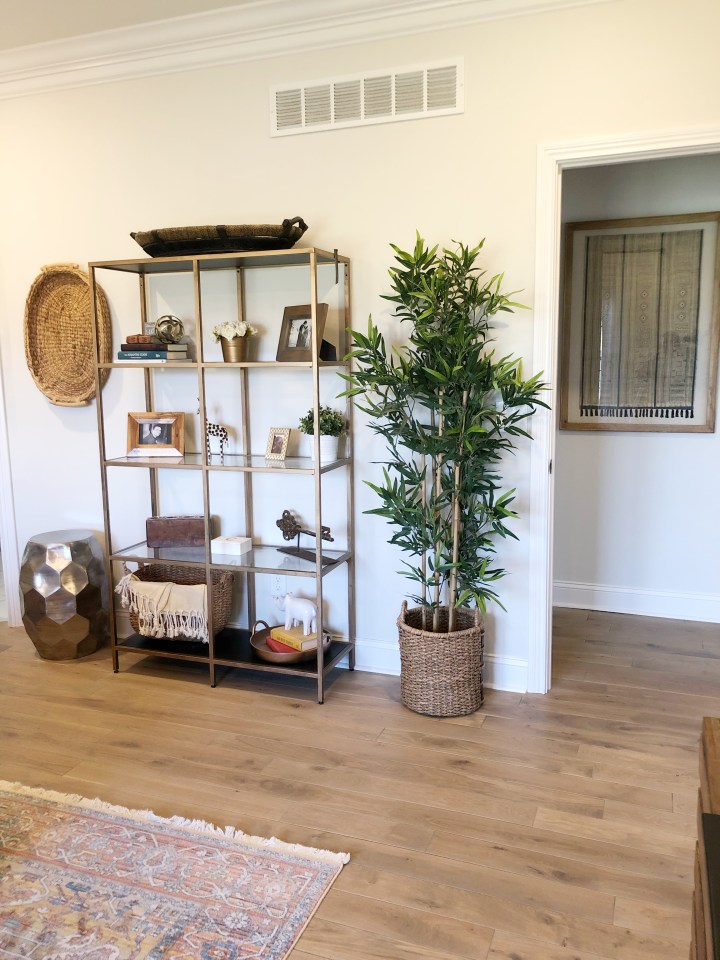 wall filled with faux tree and freestanding bookshelf