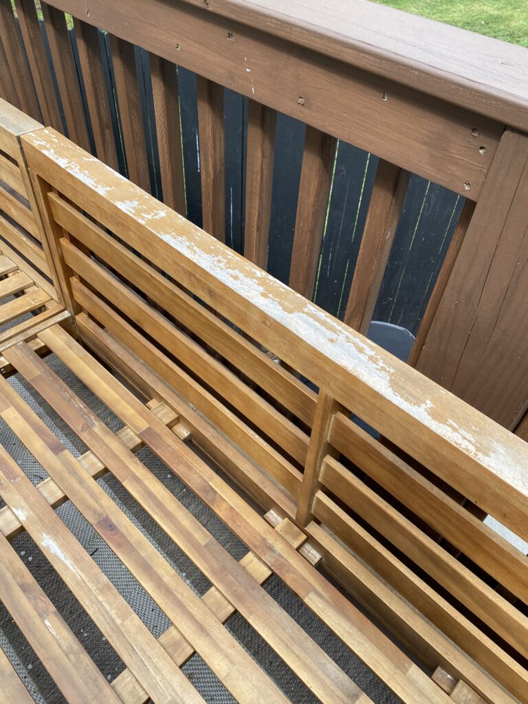 Patio furniture damaged by being outdoors in the winter without a cover